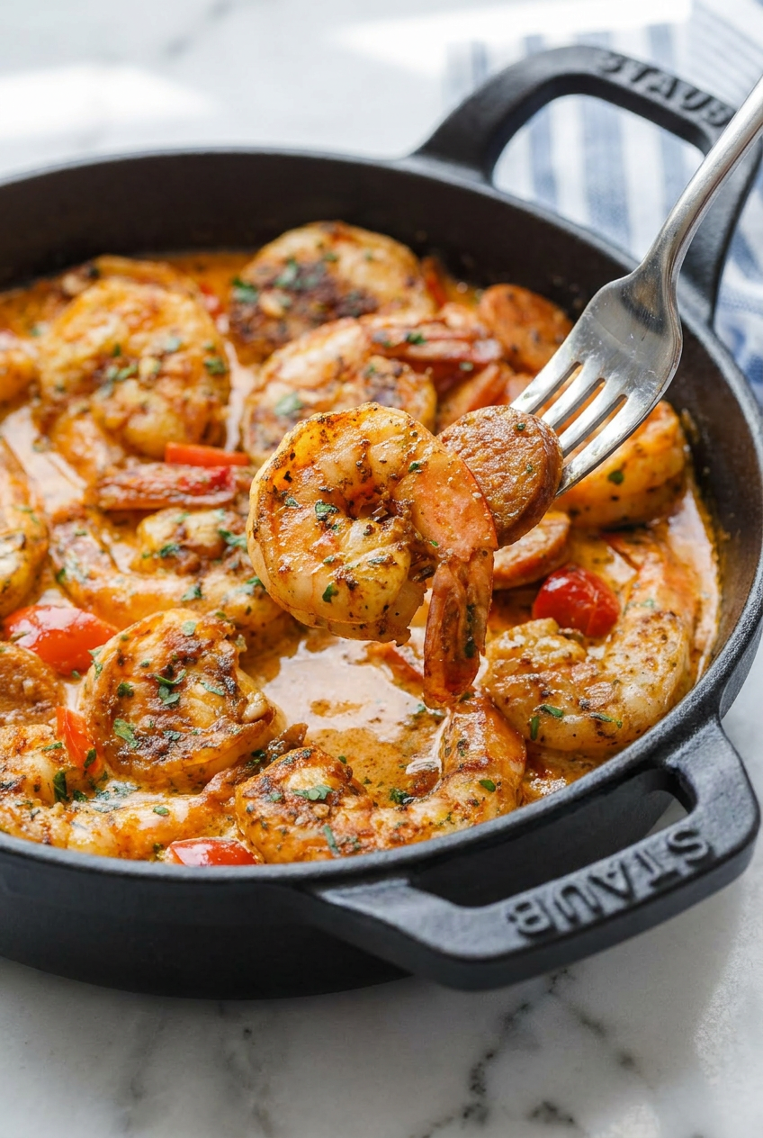 Close-up of creamy spicy keto shrimp and sausage skillet, bubbling hot in a cast iron pan, with sauce coating all ingredients.