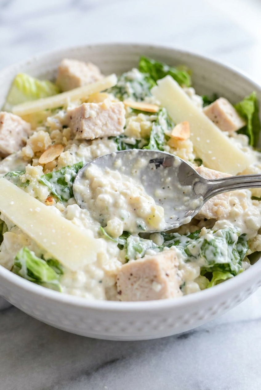 Smooth, creamy cottage cheese caesar dressing freshly blended, showing its thick and luxurious texture in a glass jar.