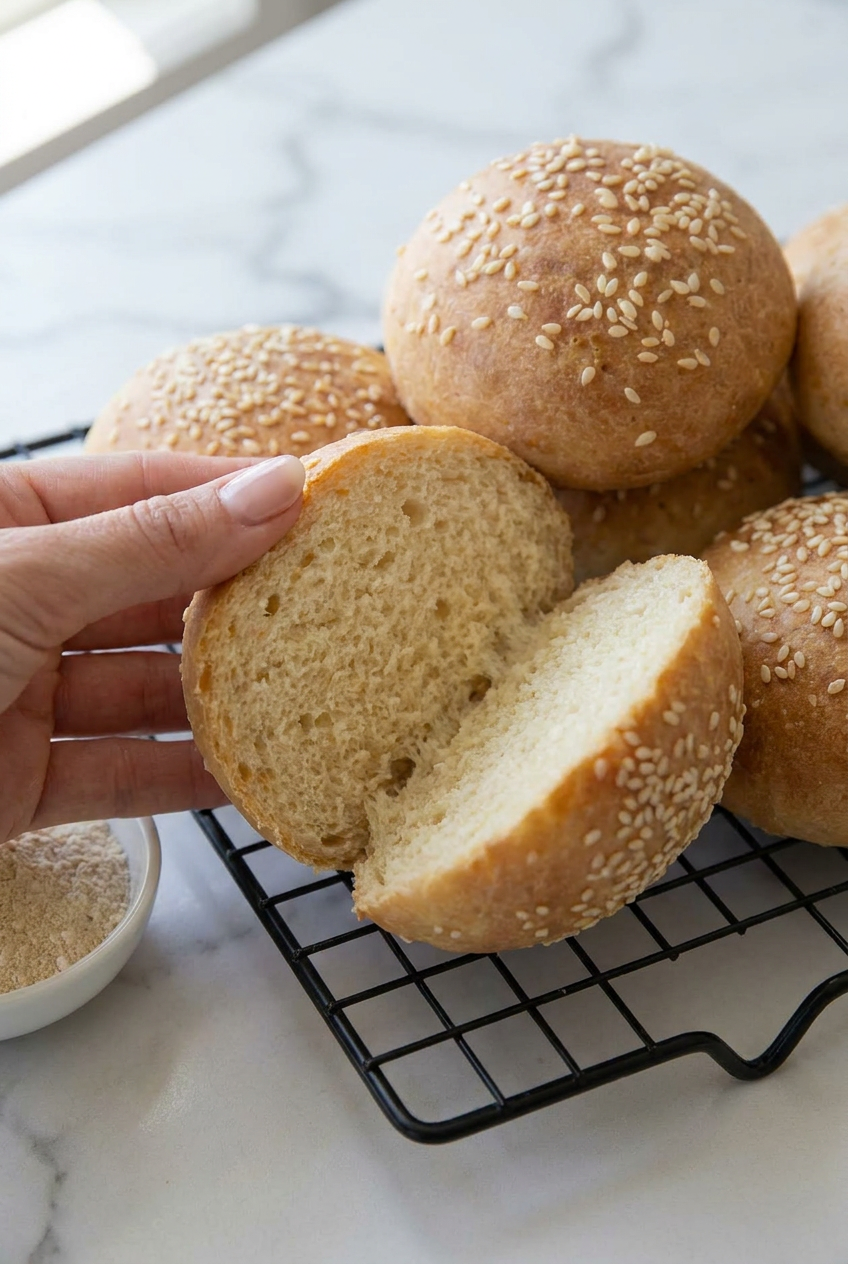 A cottage cheese burger bun cut in half to show its soft, light, and airy interior crumb.