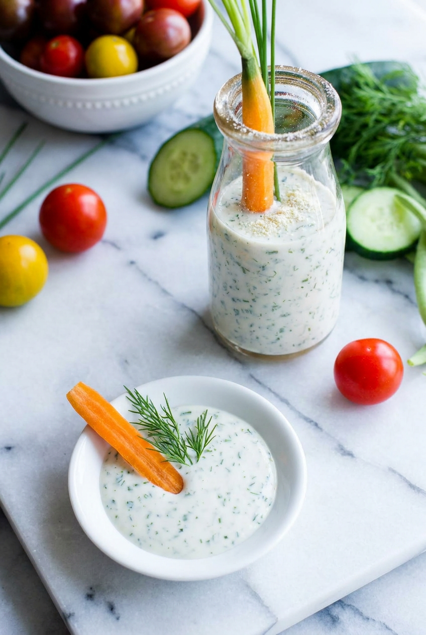 A spoonful of creamy greek yogurt ranch dressing being lifted from a bowl, showing its smooth, thick consistency.