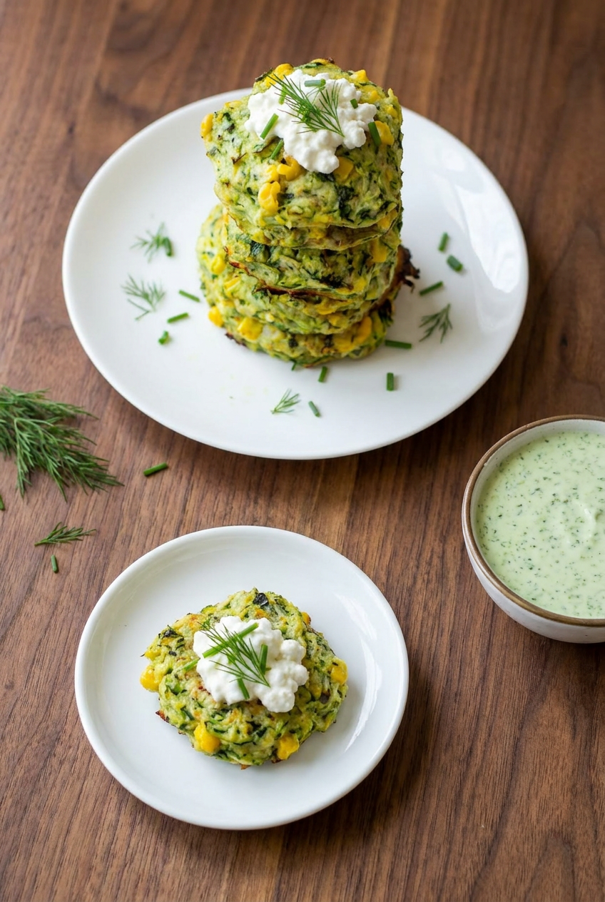 A stack of freshly cooked high protein zucchini fritters garnished with fresh herbs, ready for serving or meal prep.