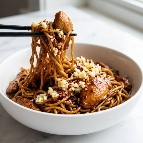 A close-up of sticky hoisin garlic chicken noodles in a bowl, showing the glossy sauce coating egg noodles, shredded chicken, and a sprinkle of sesame seeds.