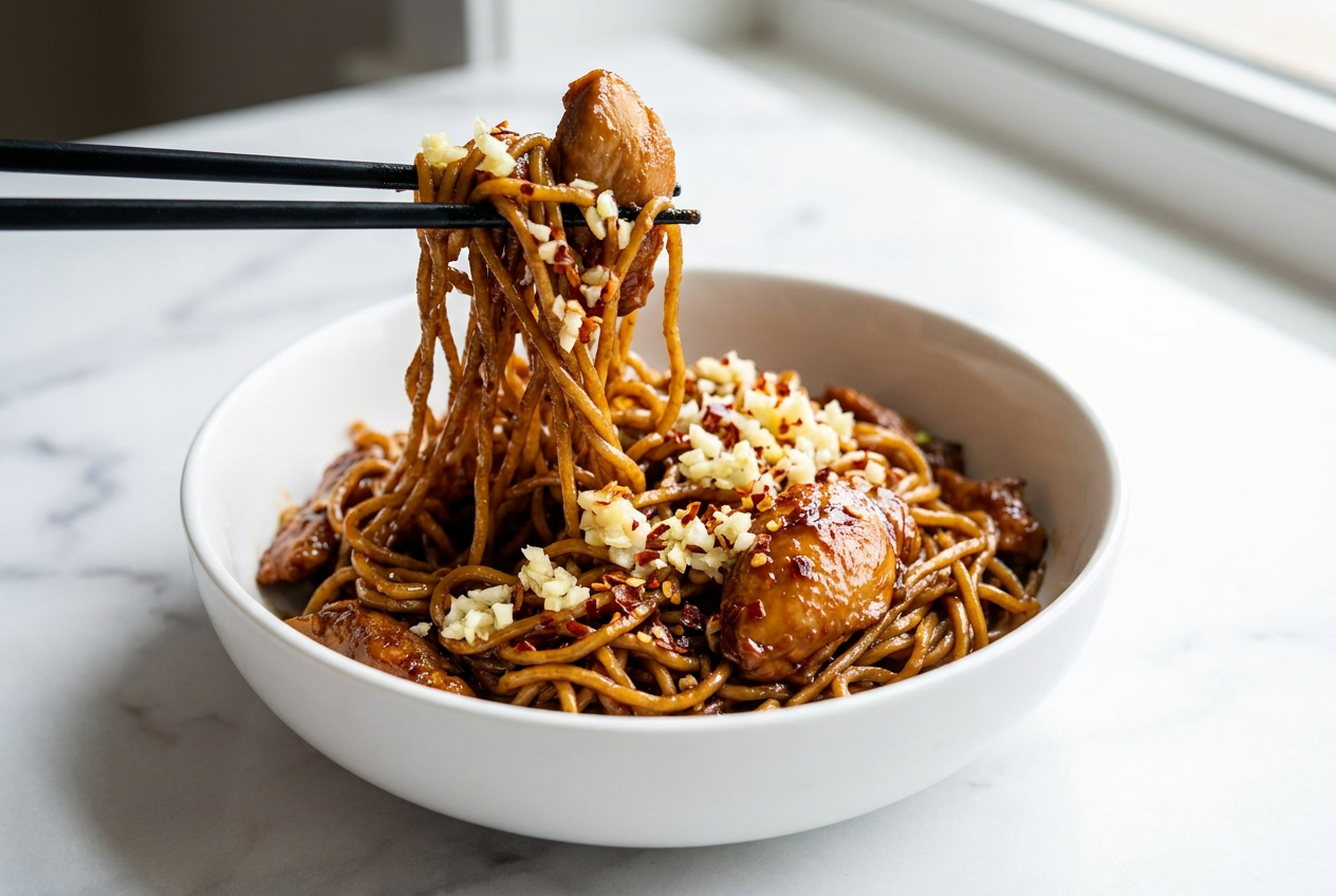 A close-up of sticky hoisin garlic chicken noodles in a bowl, showing the glossy sauce coating egg noodles, shredded chicken, and a sprinkle of sesame seeds.