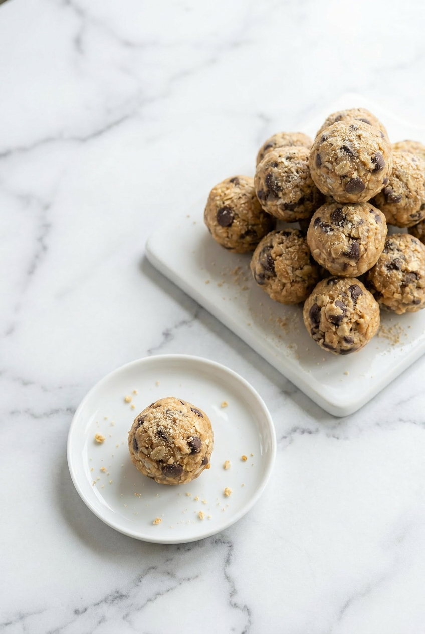 A stack of no bake peanut butter energy bites next to a small glass jar, ready for storage or gifting.