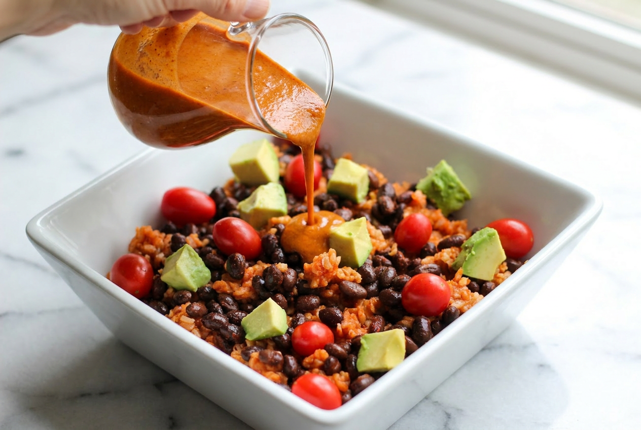 A close-up of a taco rice bowl with black beans and avocado, topped with fresh pico de gallo, cilantro, and a lime wedge in a white bowl.