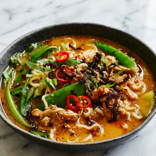A large bowl of creamy tahini gochujang noodle broth with turkey, topped with bright green snow peas, shiitake mushrooms, and a sprinkle of sesame seeds.