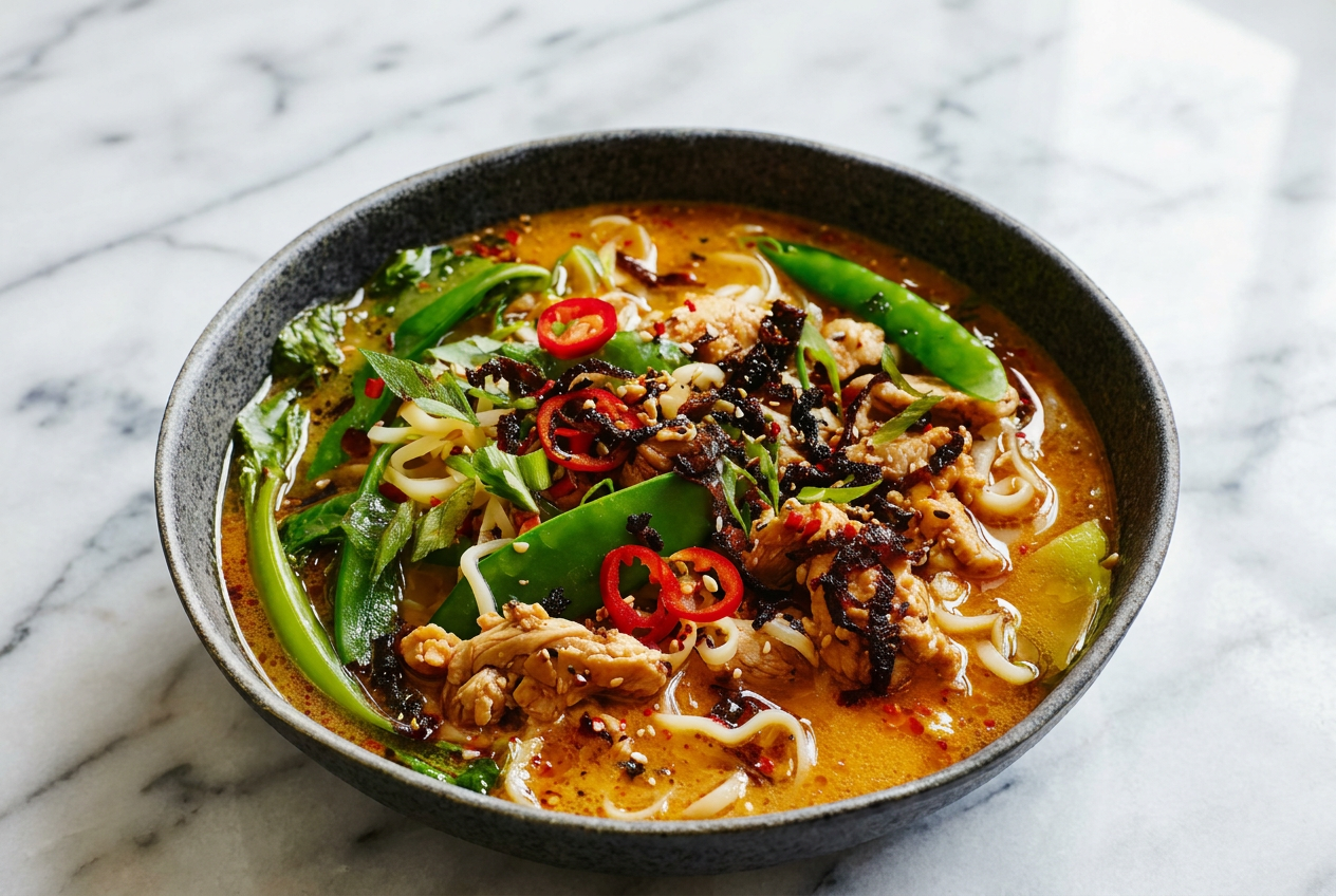 A large bowl of creamy tahini gochujang noodle broth with turkey, topped with bright green snow peas, shiitake mushrooms, and a sprinkle of sesame seeds.
