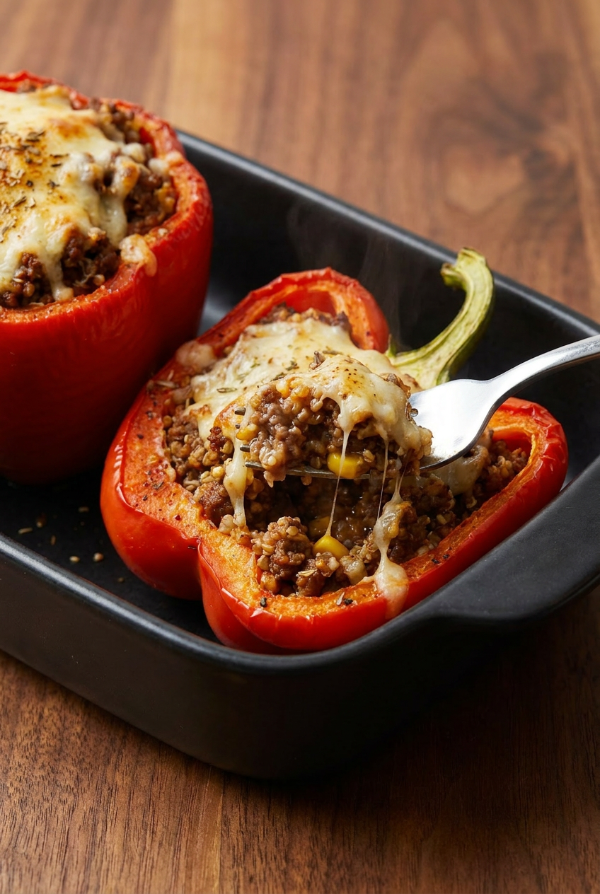 A close-up shot of a fork cutting into a baked stuffed bell pepper, showing the tender pepper and the juicy ground beef filling inside.