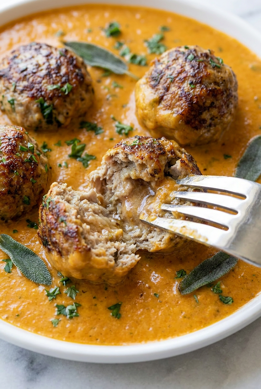 A close-up of a turkey meatball sliced in half to show its tender, juicy texture, coated in a creamy orange pumpkin sauce.