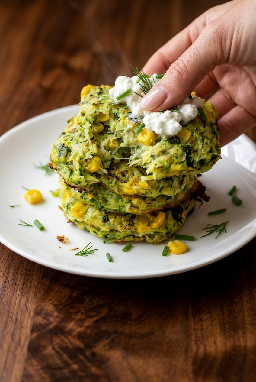 A single high protein zucchini fritter, broken open to reveal its moist, tender interior with visible zucchini flecks.