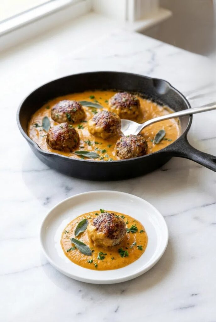 A meal prep container holding a portion of turkey meatballs in pumpkin sage sauce, ready for storage for a future meal.