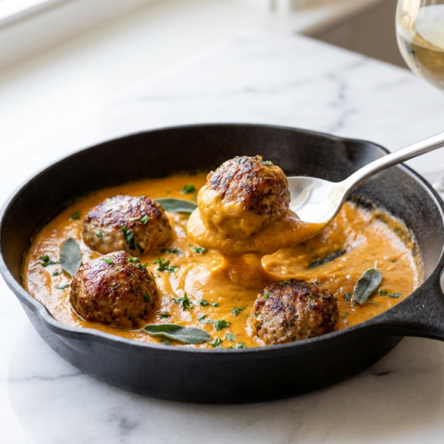 A skillet filled with tender turkey meatballs with pumpkin sage sauce, garnished with fresh sage leaves and served with gnocchi.