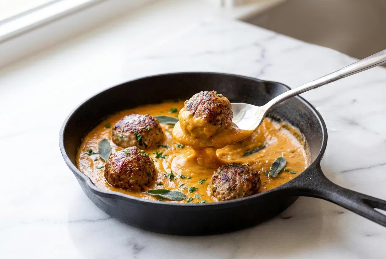 A skillet filled with tender turkey meatballs with pumpkin sage sauce, garnished with fresh sage leaves and served with gnocchi.