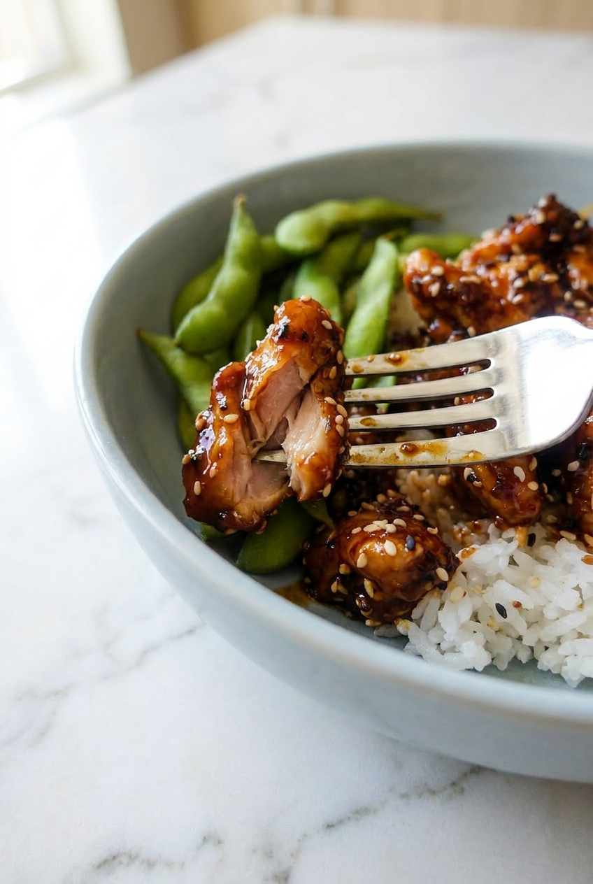 A close-up of tender, velveted chicken pieces sizzling in a hot wok, getting coated in a dark, bubbling Mongolian sauce.