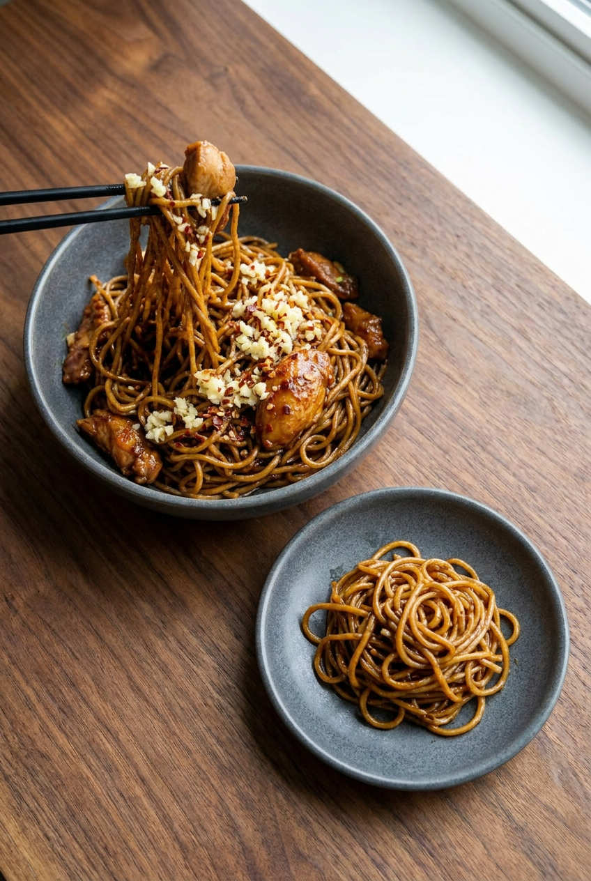 A serving of hoisin garlic chicken noodles in a bowl, being picked up with chopsticks, demonstrating an easy weeknight meal.
